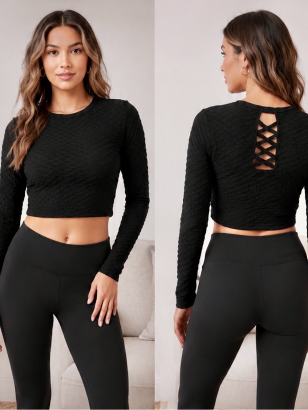 Hot Kiss Black Honeycomb Crop Top Long Sleeve 
Lattice Crossback Size M NWT